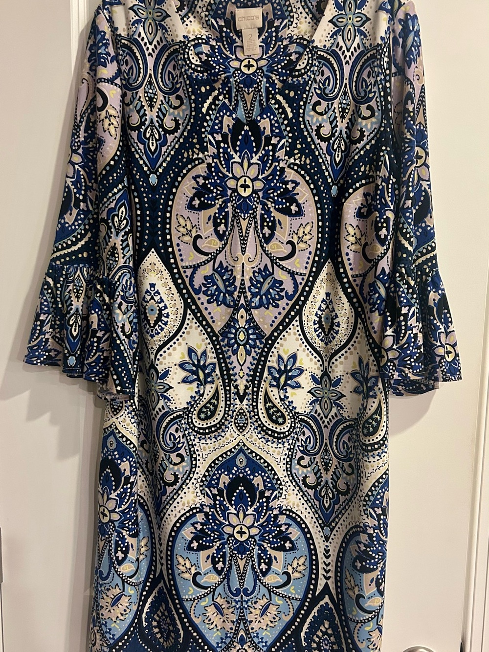 Chico's Blue & White Paisley Bell-Sleeve Dress
